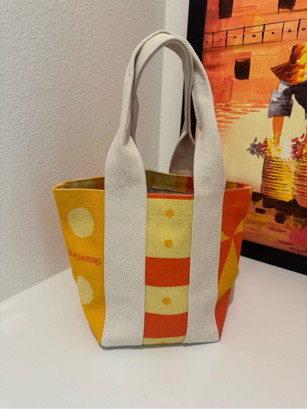 Sol de Janeiro Canvas small Tote Bag in Yellow & Orange with Natural Handles